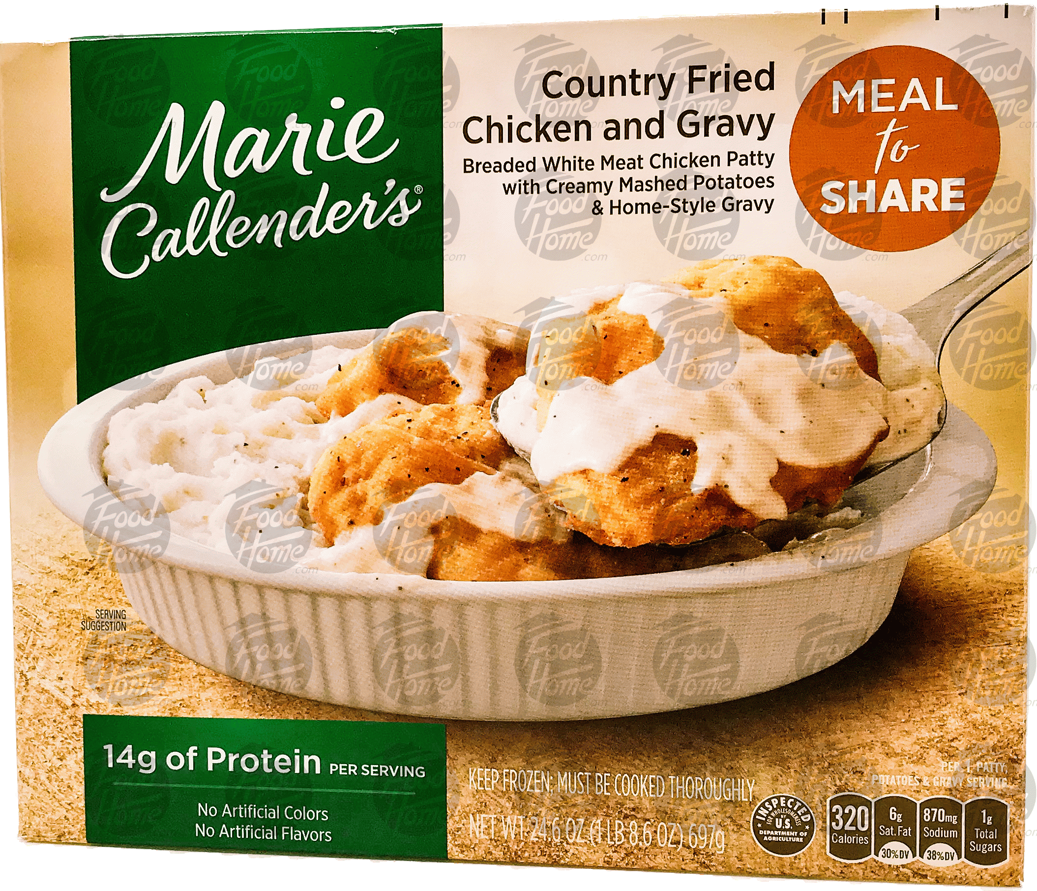 Marie Callender's Meal to Share country fried chicken and gravy, white meat chicken patty with mashed potatoes and gravy, frozen box Full-Size Picture